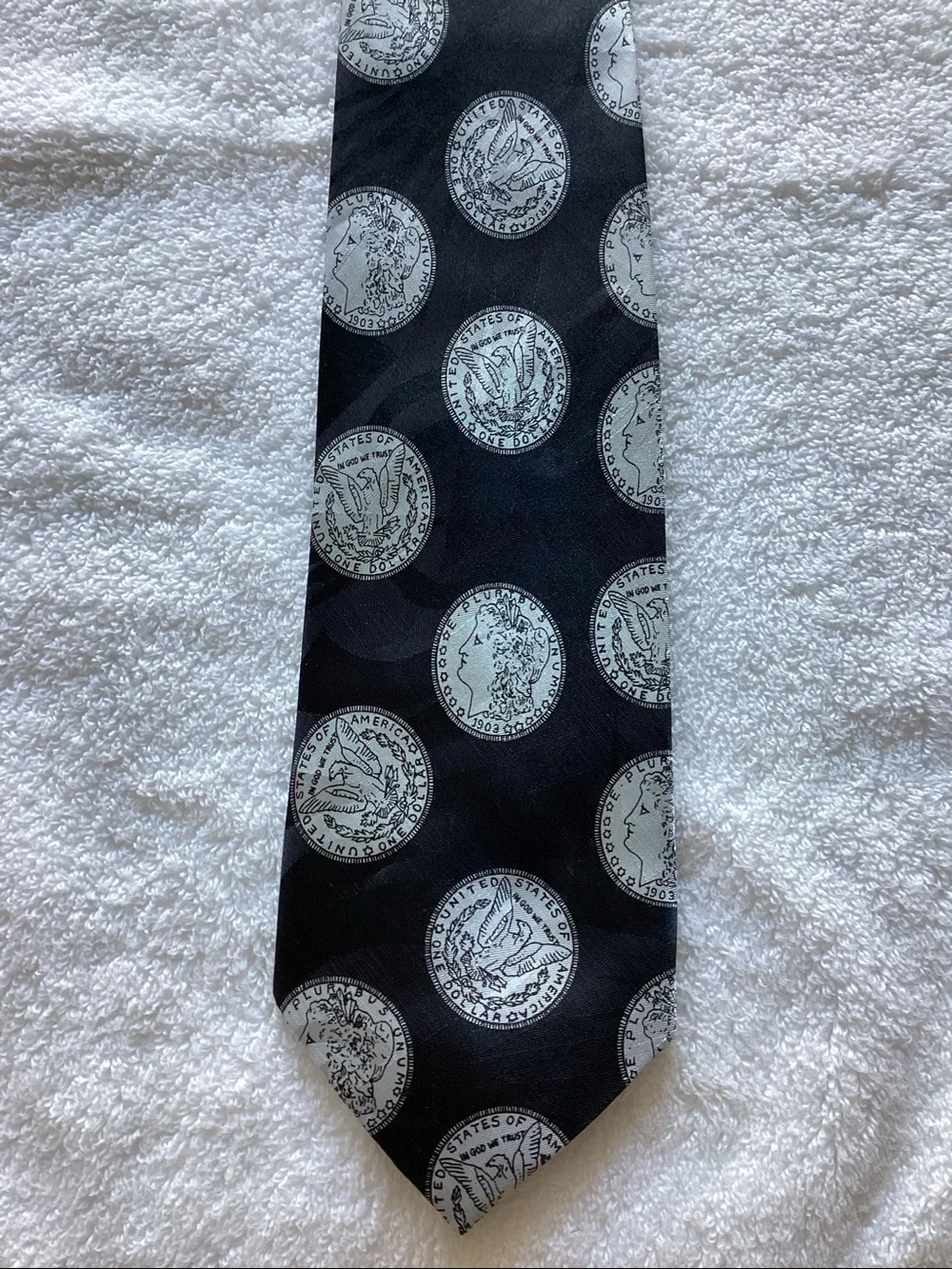 Men's Black Tie with Silver Coin Print and Navy Accent